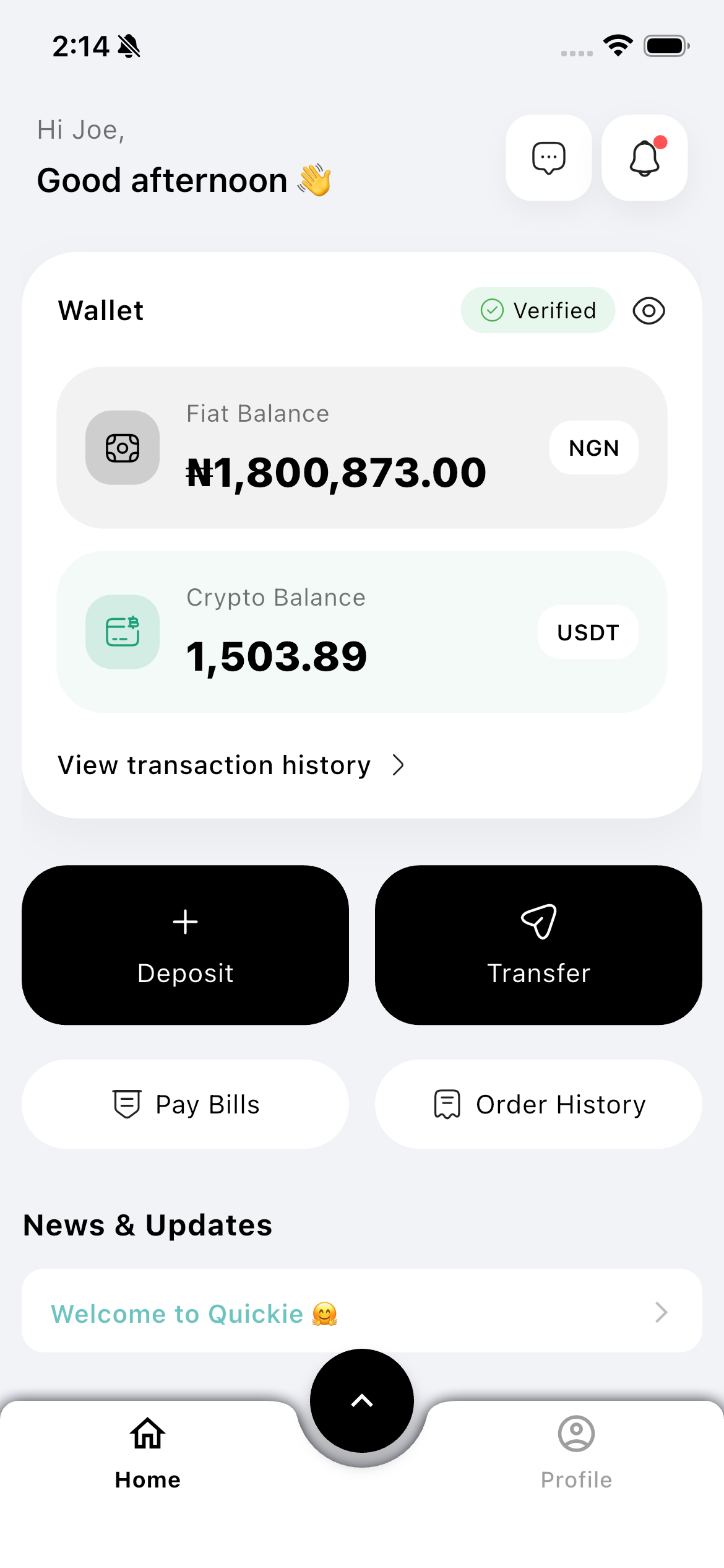 Quickie dashboard screen