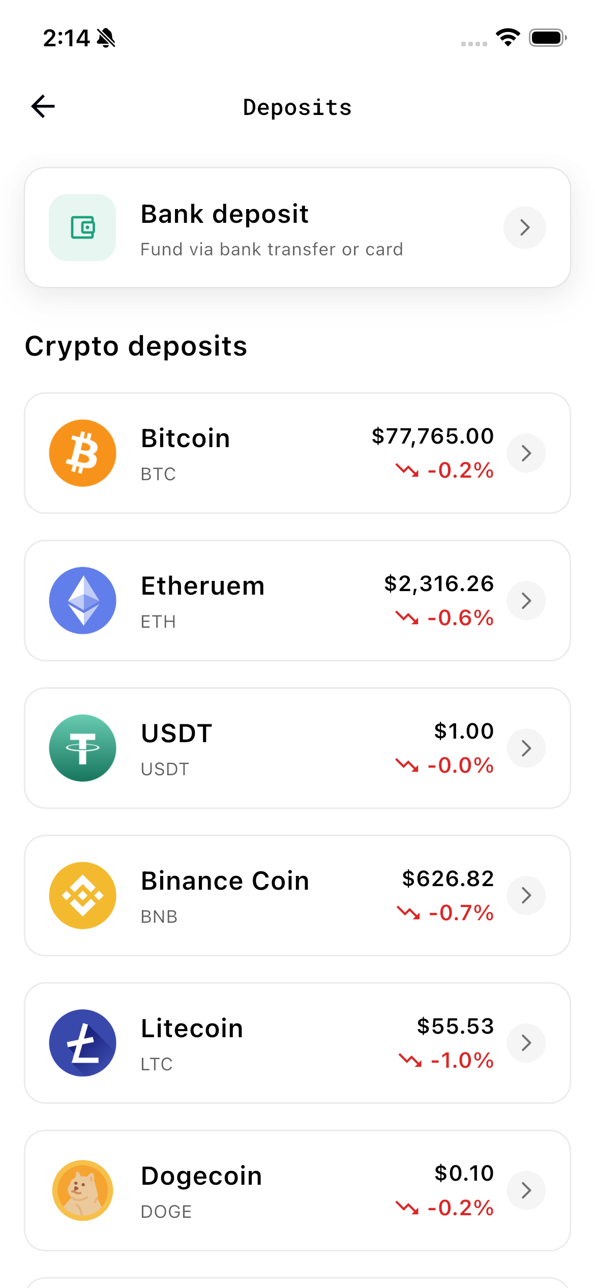 Quickie deposit options screen